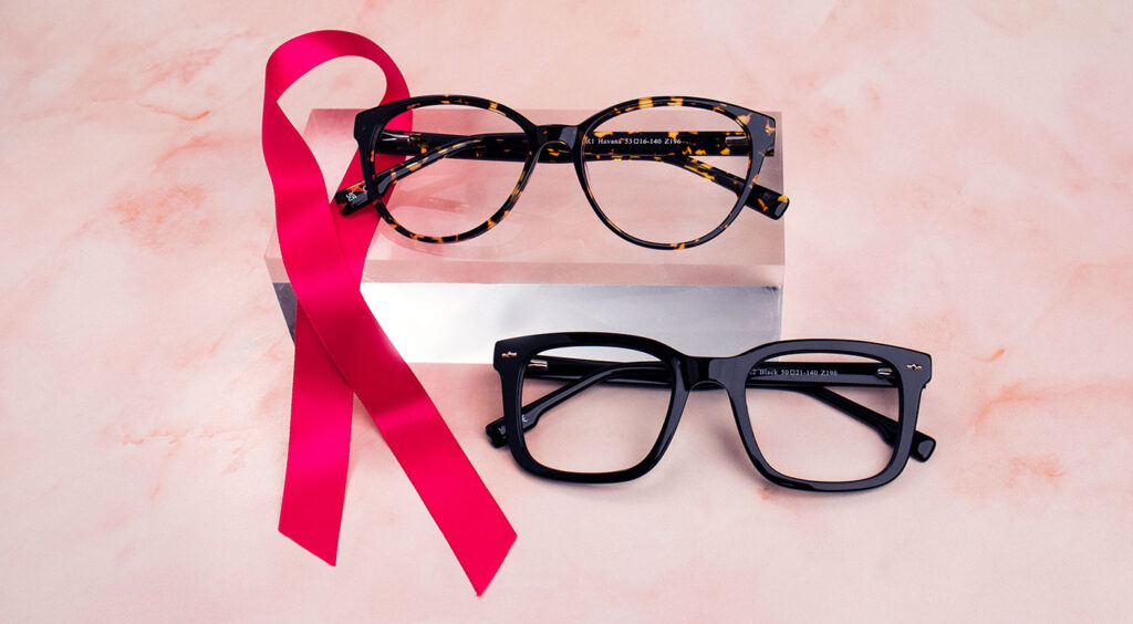2 flatlay pairs of Pink Ribbon frames, one being round tortoiseshell and the other sqaure black frames
