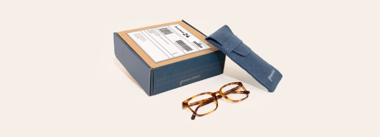 Glasses Direct new box packaging with glasses case and pair of tortoiseshell frames
