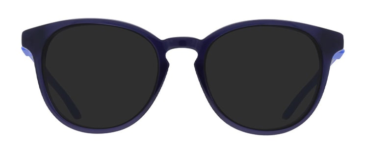 Sunglasses with round lenses in a dark blue acetate frame with a keyhole bridge