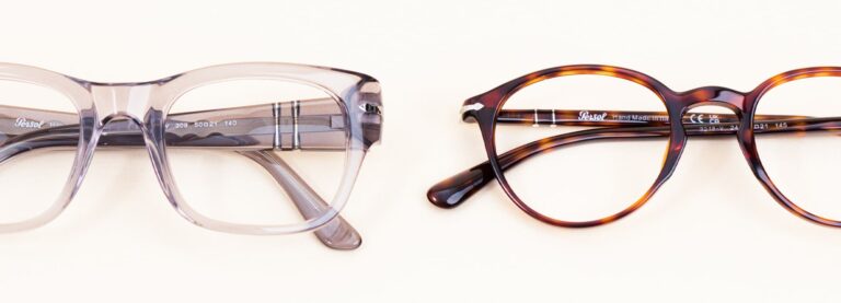 2 pairs of Persol glasses side by side, one clear square frame and one round tortoiseshell frame