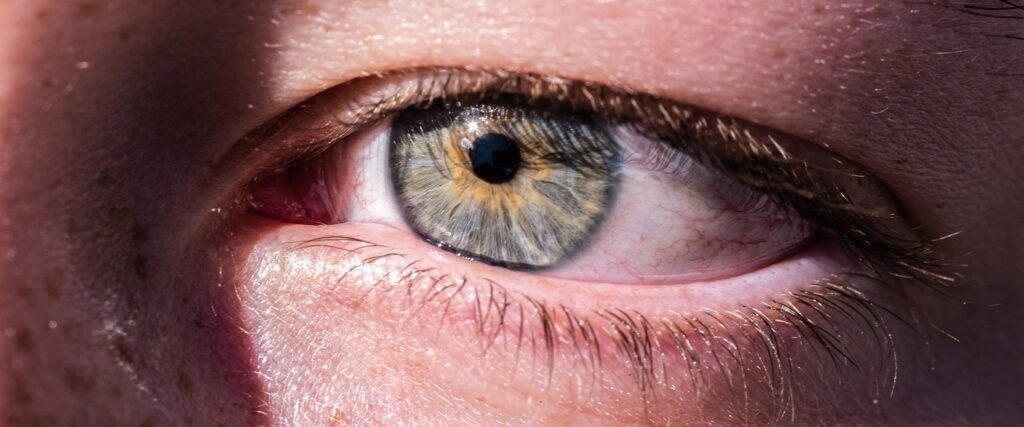 Close-up of a human eye whose iris looks blue-green on the outside and amber on the inside