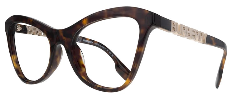 Side view of large chunky cat-eye tortoiseshell Burberry frames with sliver Burberry logo added to frame arm