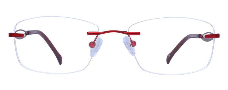 A rimless glasses frame with rectangular lenses and red metal detailing