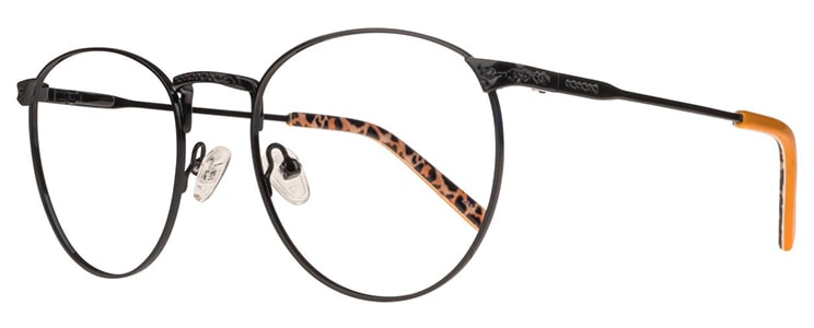Side view of round black metal GD Collection frames 