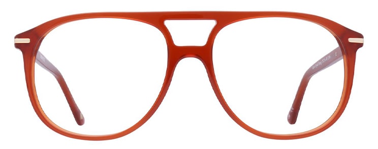 A dark orange acetate frame with teardrop-shaped lenses and a double bridge