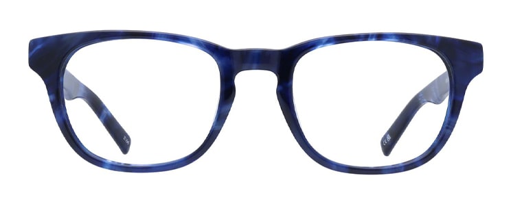 A blue acetate frame with a tortoiseshell pattern and square, slightly rounded lenses