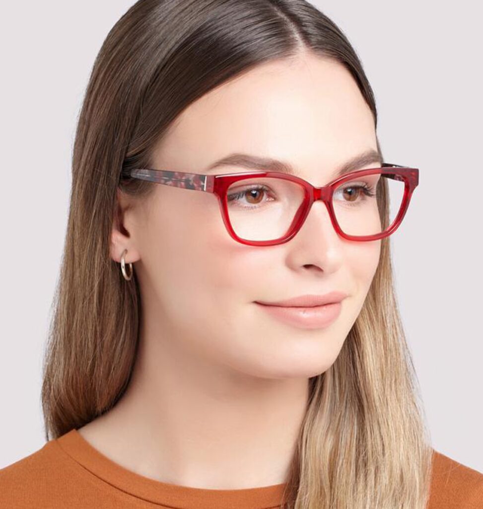 Woman with long straight hair wearing red square GD Collection frames
