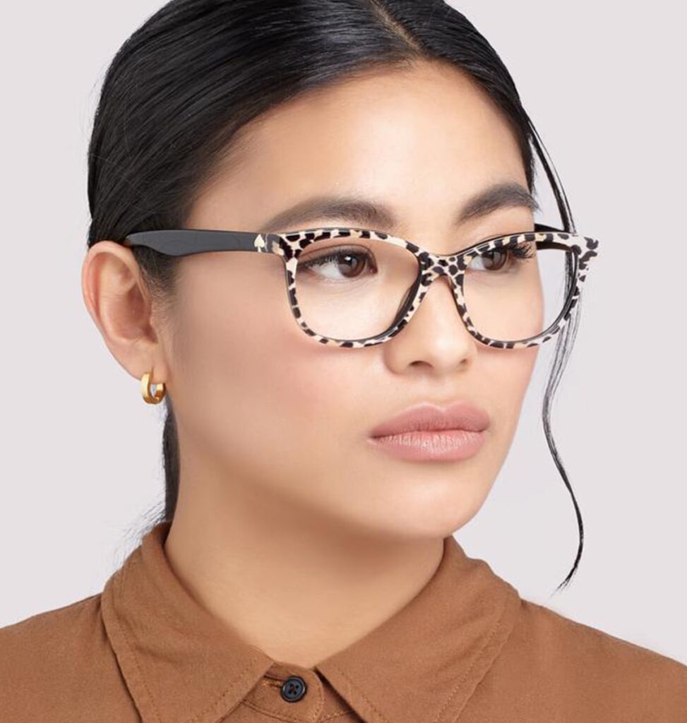 Woman with her hair tied up wearing leopard print round Kate Spade frames