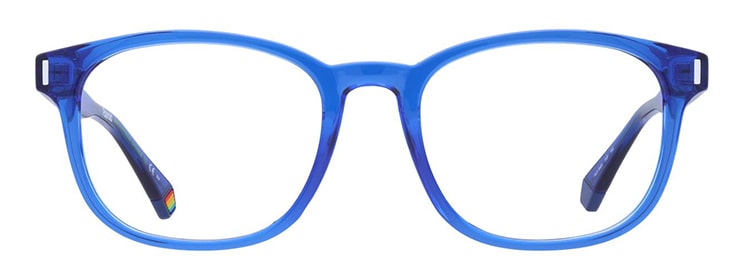 A bright blue plastic frame with square lenses