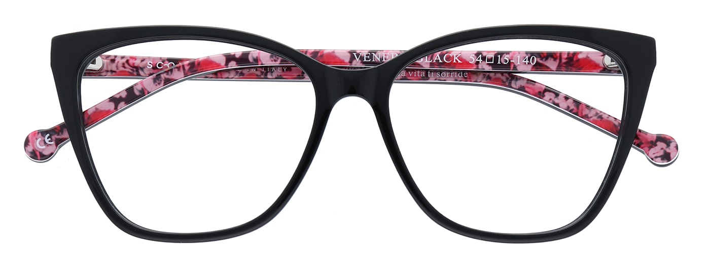 Cat-eye Black Scout Made in Italy frames with Pink floral arm patterns