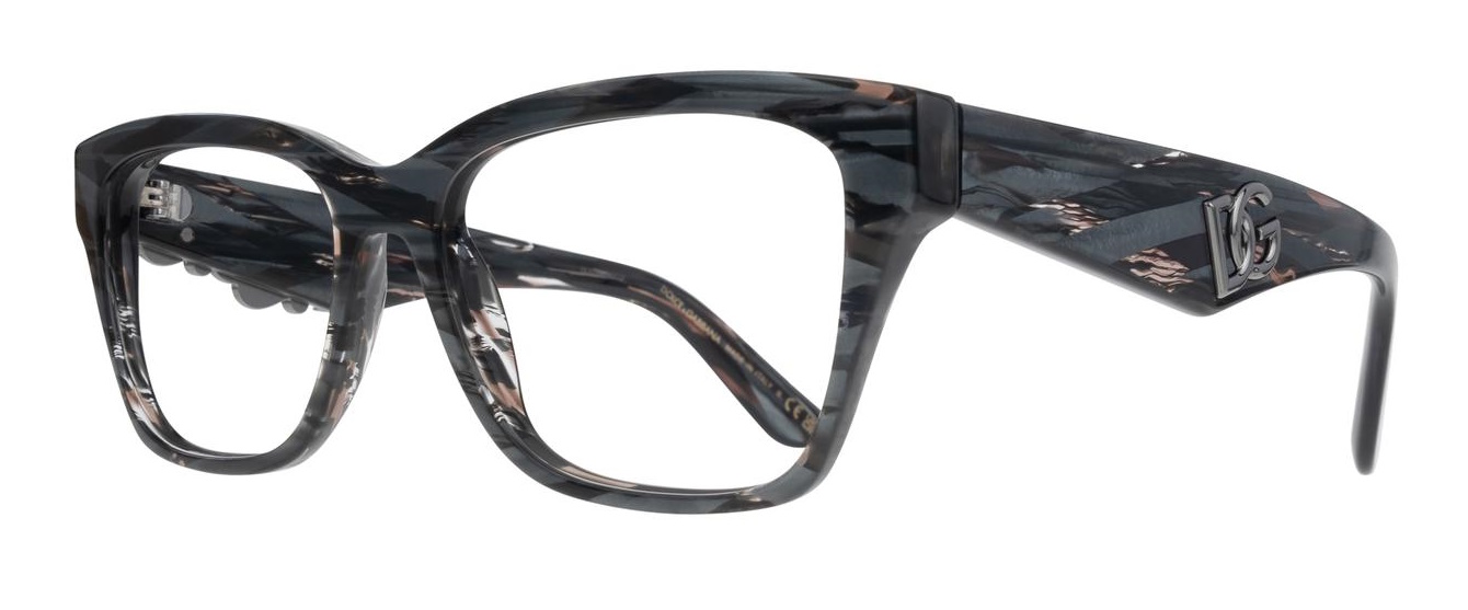 Angular frame made of black marbled acetate with thick arms that show the D&G logo