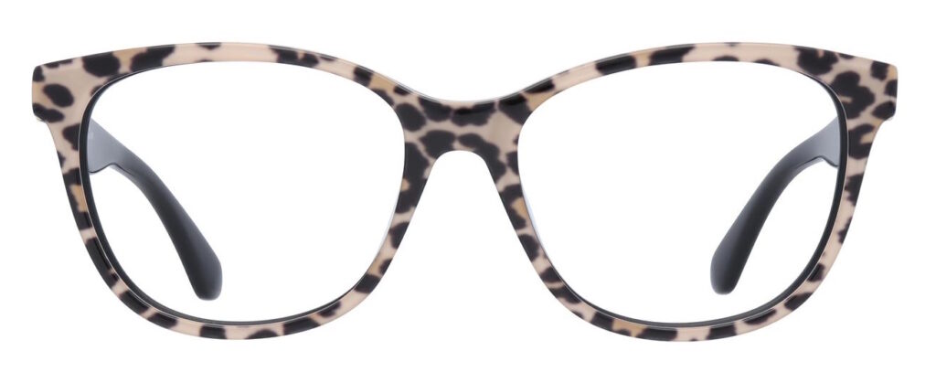 A square acetate frame showing a light leopard print on the front