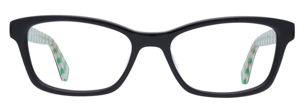 A rectangular black acetate frame with green and white stripes on the inside of the arms