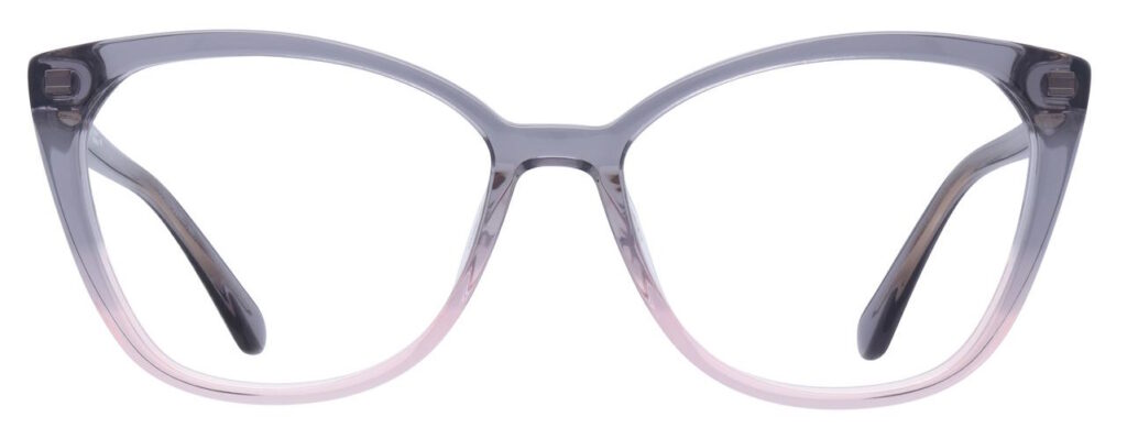 A semi-transparent cat eye frame with a grey top, fading to pink at the bottom