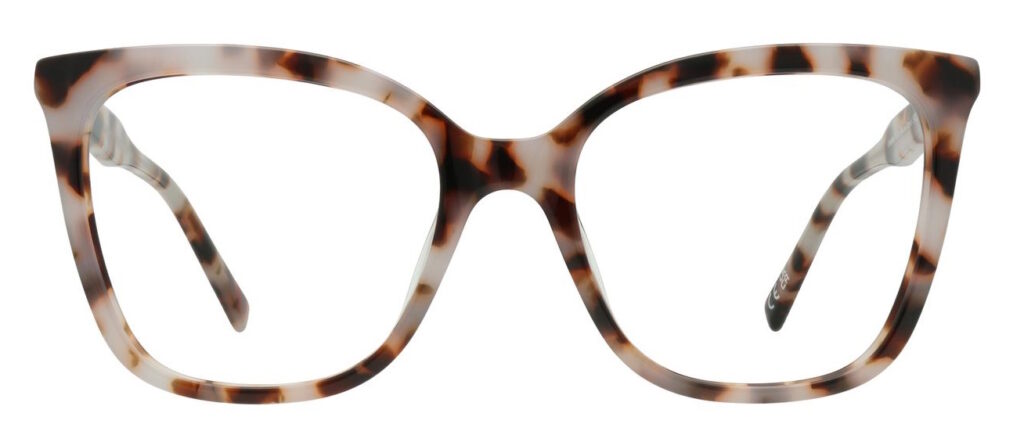 An acetate cat-eye frame with a white and brown tortoiseshell pattern