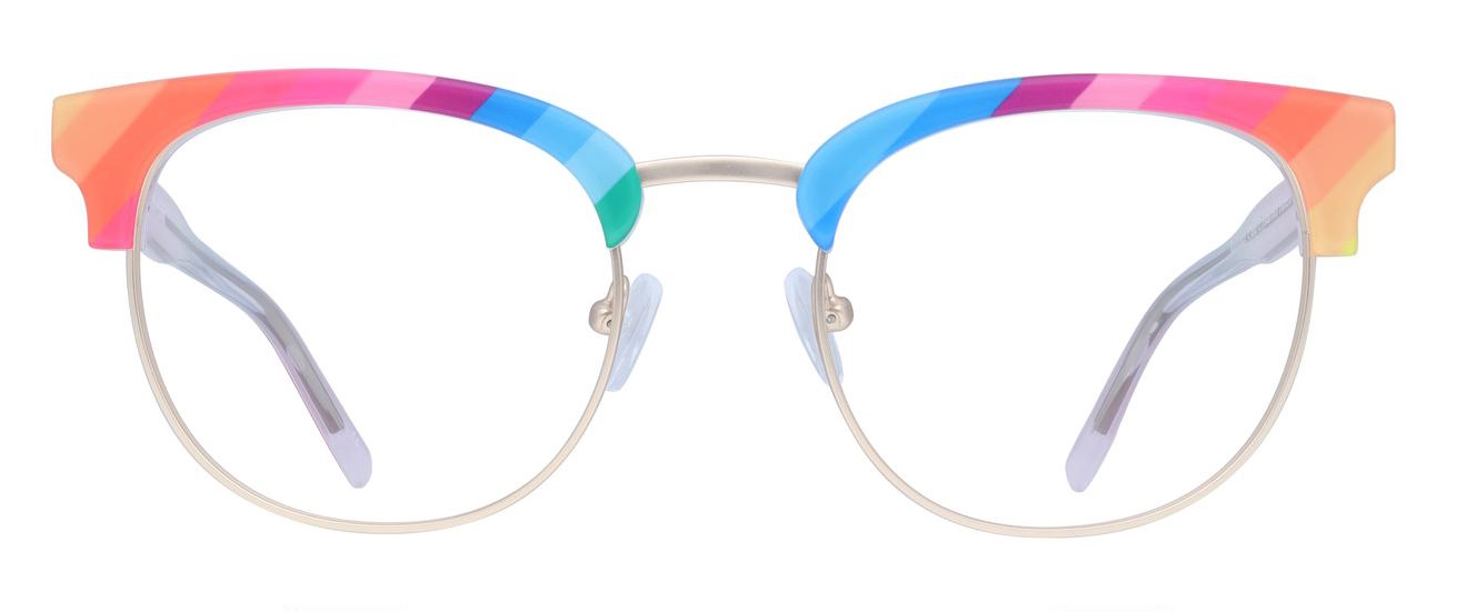 A clubmaster glasses frame with a brow covered in rainbow stripes