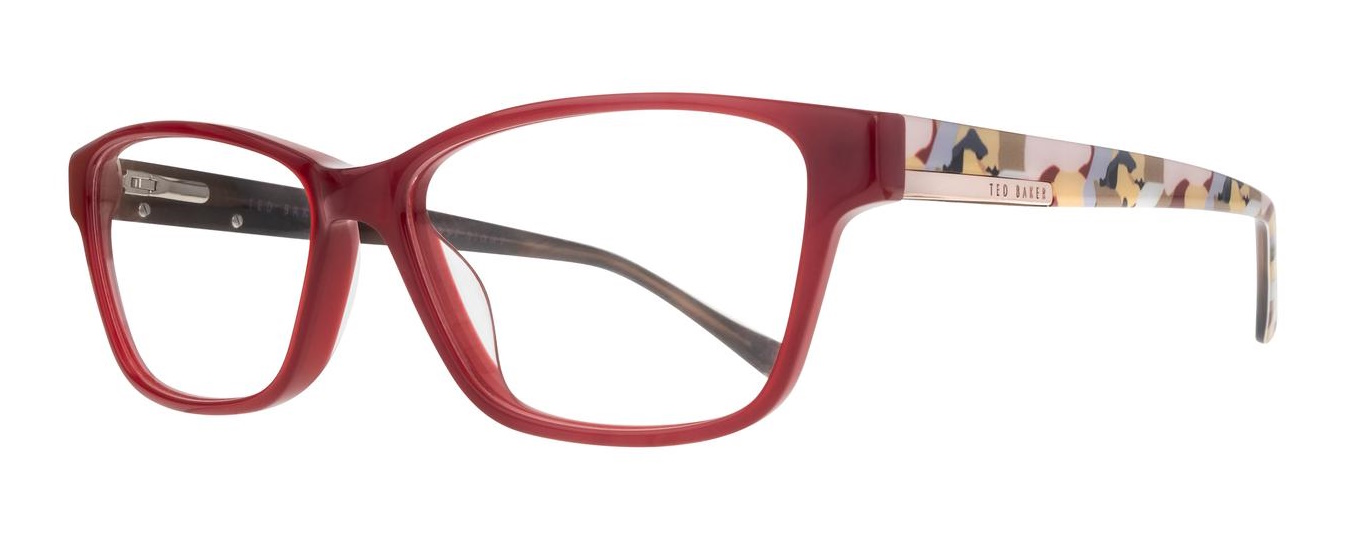 Tall rectangular glasses frame with colourful pattern on the arms