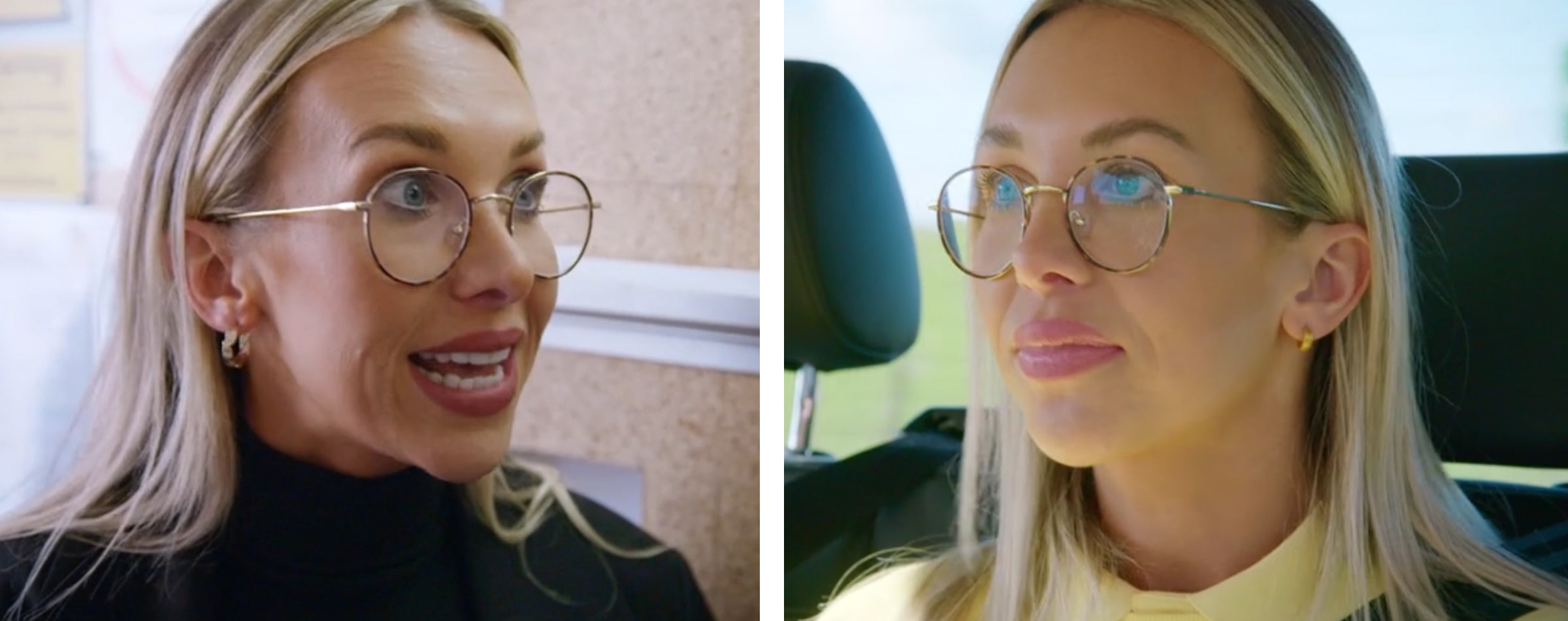 Woman in 2 different photos on TV show 'The Apprentice' wearing a pair of round frames