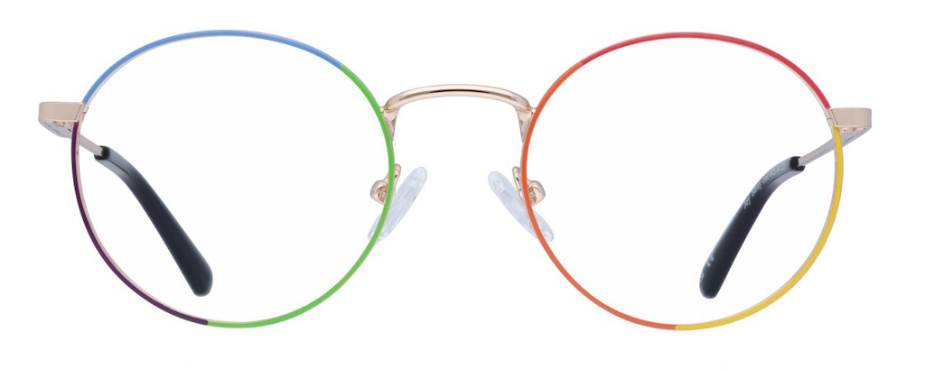 A round metal frame with one metal rim transitioning from green to blue to purple and the other from yellow to orange to red