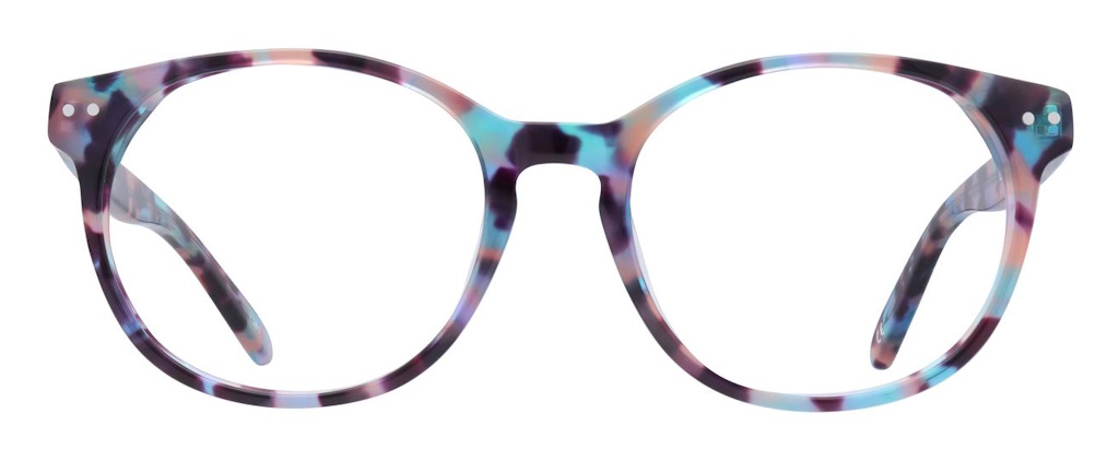 A round glasses frame made of tortoiseshell acetate with blue and pink highlights