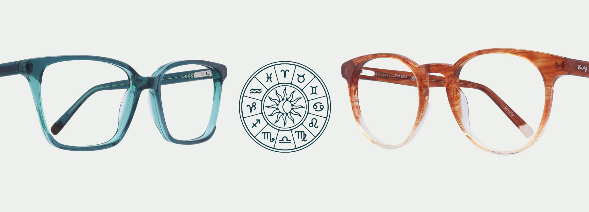 2 pairs of frames coming from both side facing a zodiac symbol