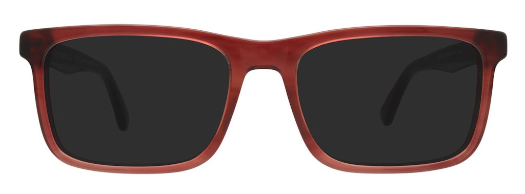 A rectangular pair of sunglasses with a reddish brown acetate frame