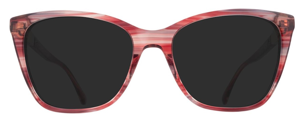 A pink striated pair of cat-eye sunglasses
