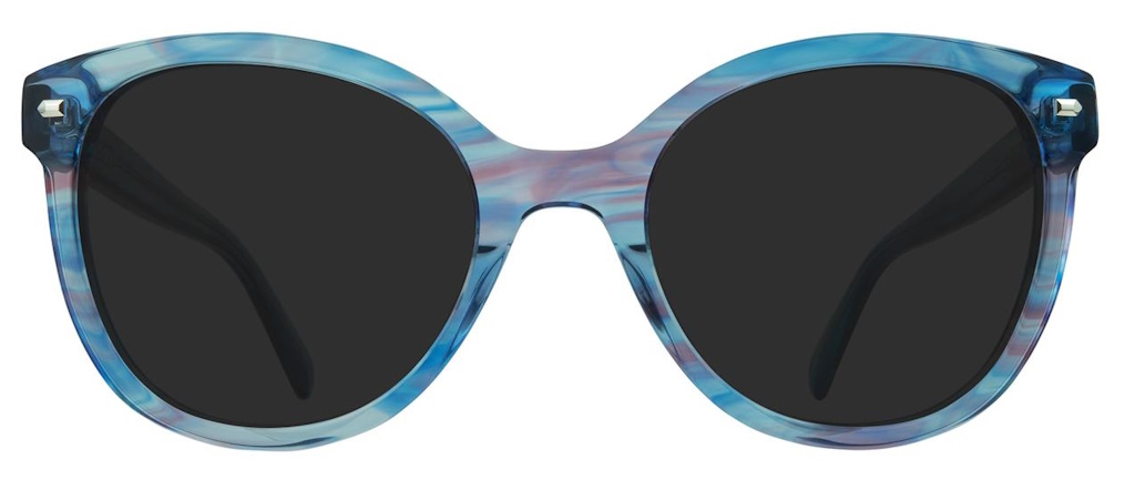 A large pair of butterlfy sunglasses, with a blue frame featuring pink striation