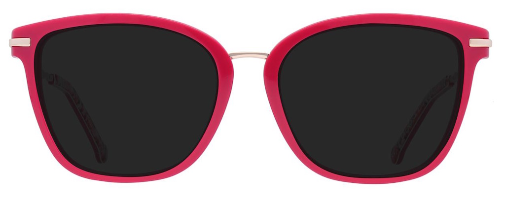 A bright pink pair of acetate sunglasses with a thin metal bridge