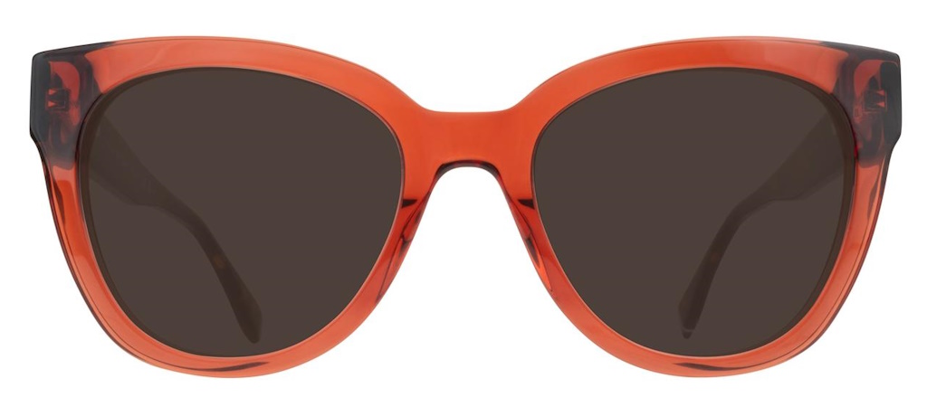 A transparent red pair of cat-eye sunglasses