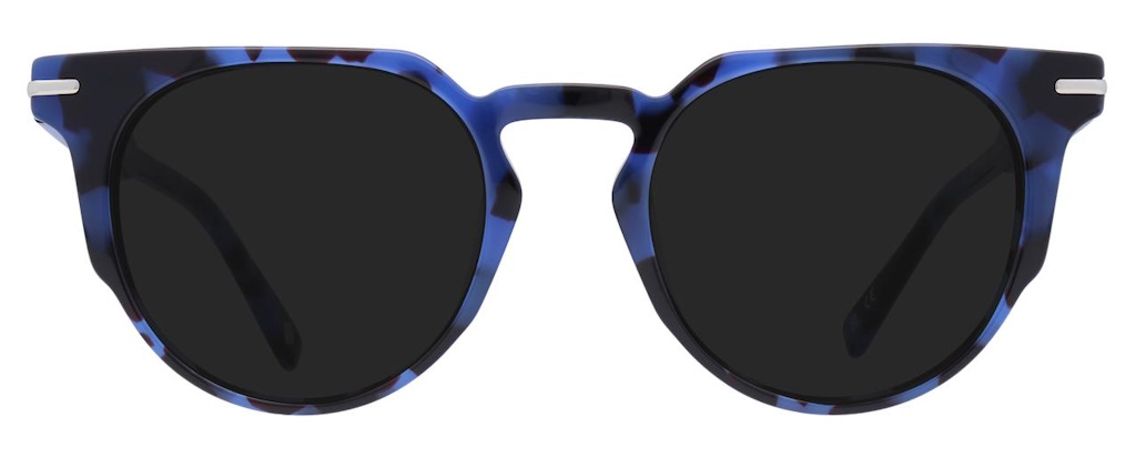 Blue tortoiseshell sunglasses with round lenses and pointed corners